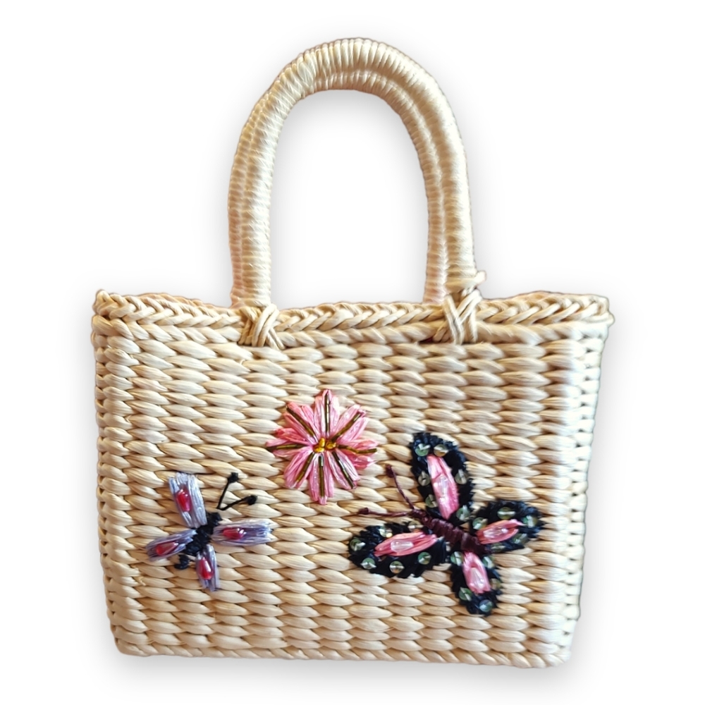 Vintage Cottagecore Straw Woven Handbag Butterfly Flower Embroidered Beaded